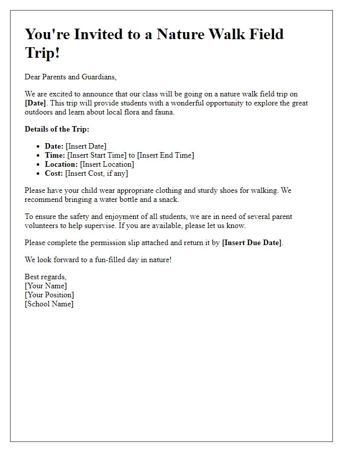 Letter template of a school nature walk field trip invitation