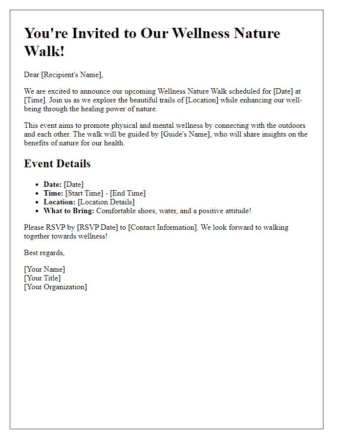 Letter template of a wellness-focused nature walk event announcement