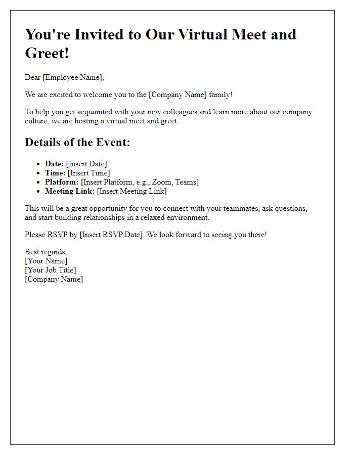 Letter template of virtual meet and greet invitation for new employees