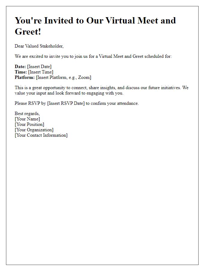 Letter template of virtual meet and greet invitation for stakeholders