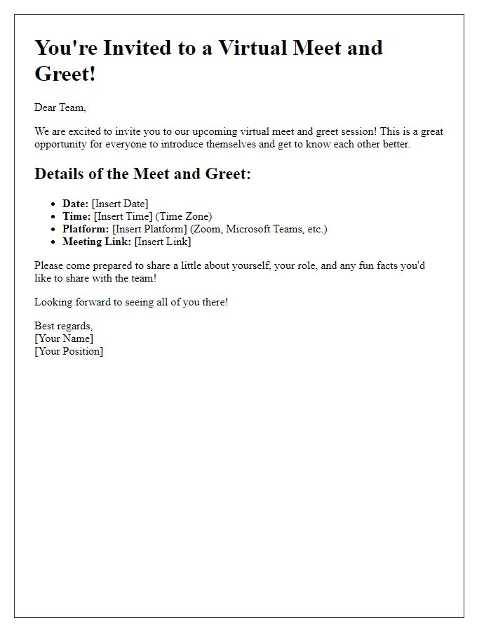 Letter template of virtual meet and greet invitation for team introductions