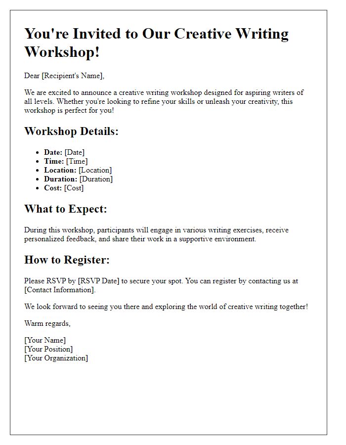 Letter template of announcement for a creative writing workshop