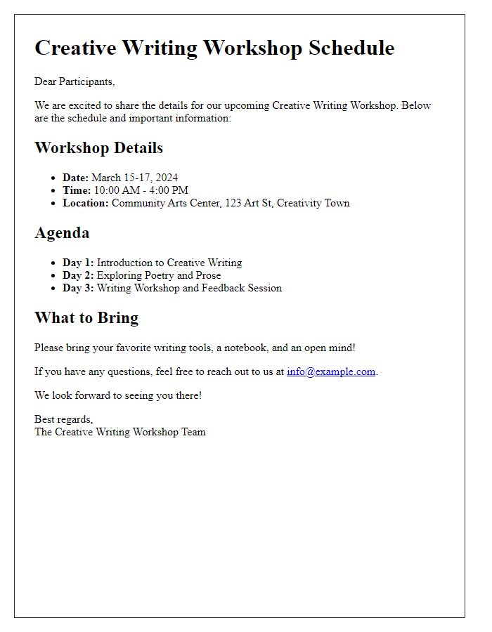 Letter template of schedule details for a creative writing workshop