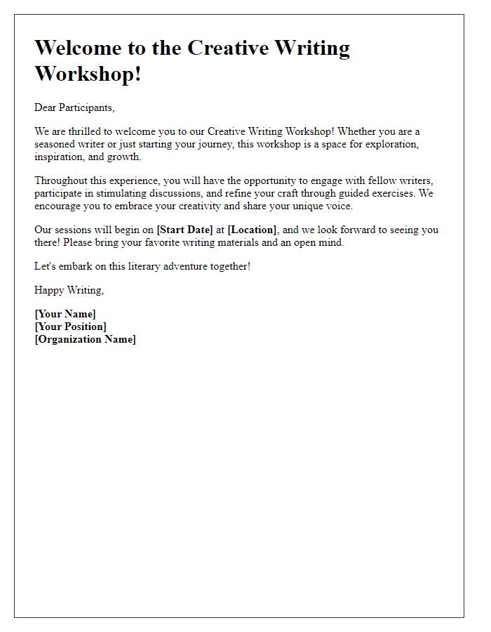 Letter template of welcome note for a creative writing workshop