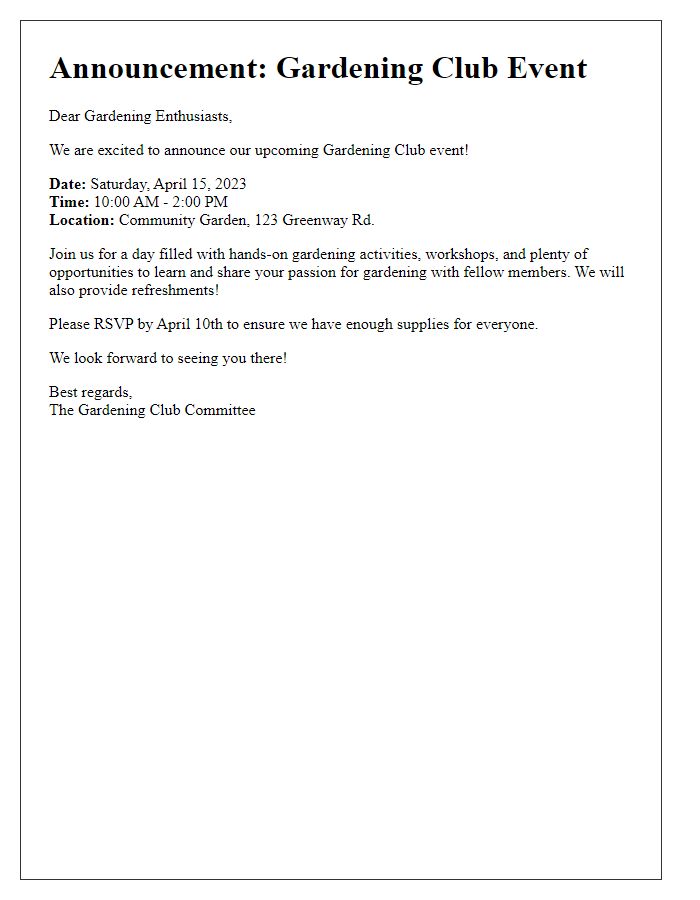 Letter template of announcement for gardening club event