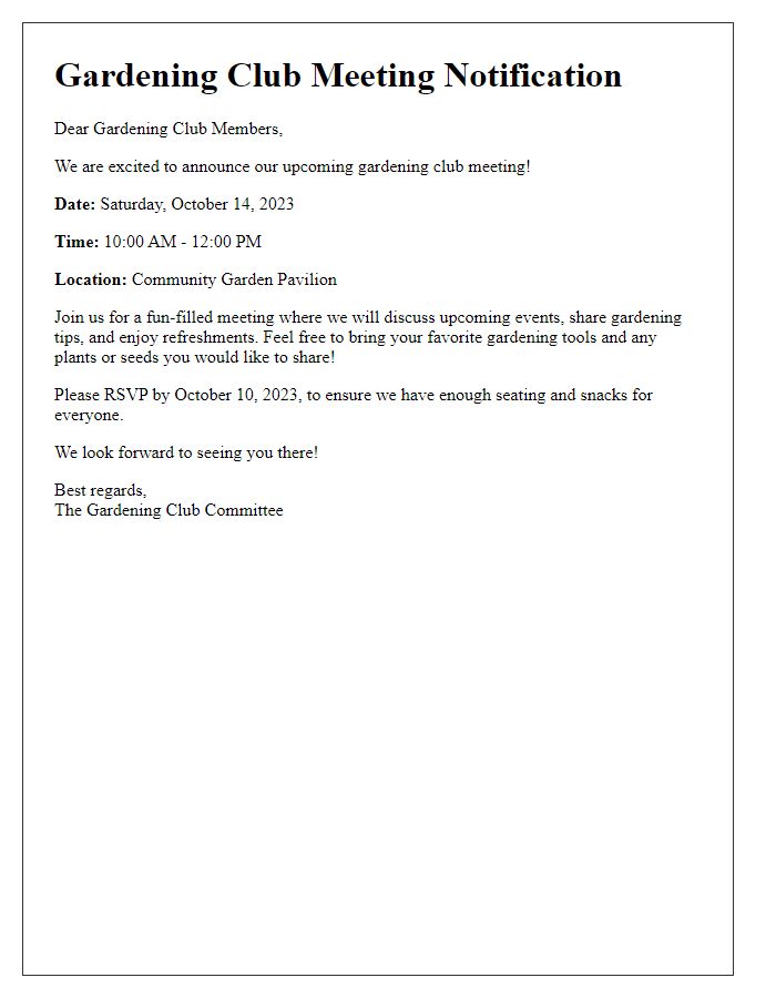 Letter template of gardening club meeting notification