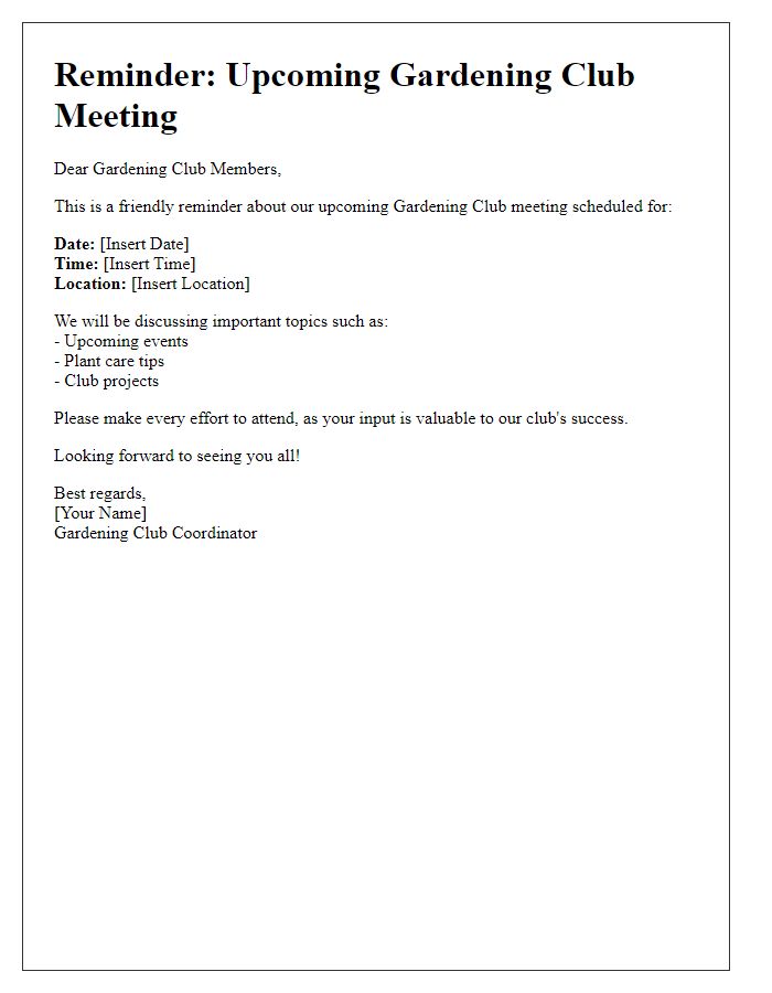 Letter template of reminder for gardening club meeting