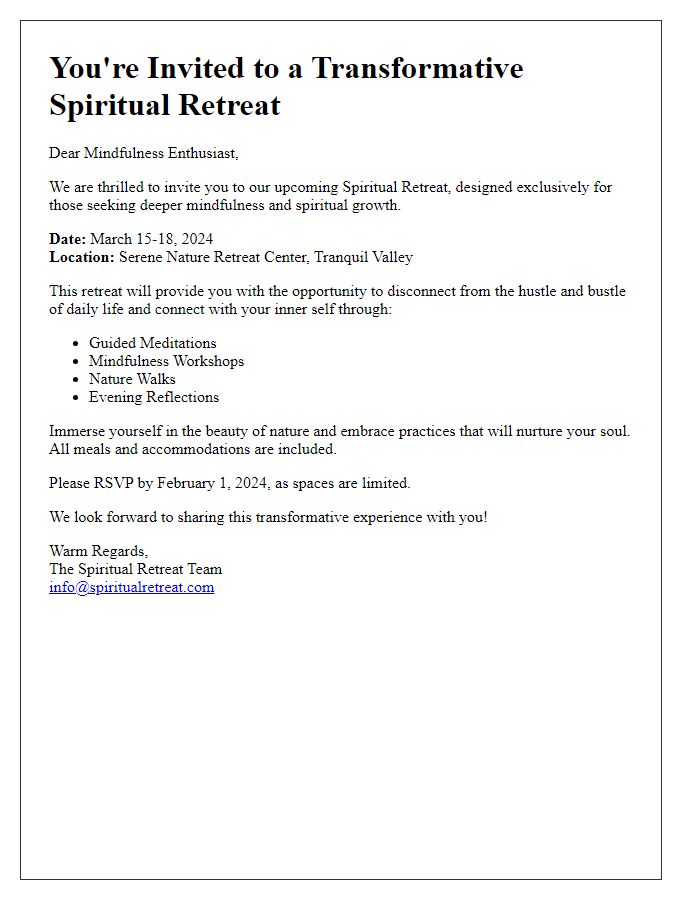 Letter template of spiritual retreat invitation for mindfulness enthusiasts