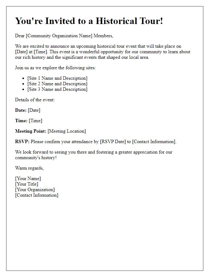 Letter template of historical tour event invitation for community organizations.