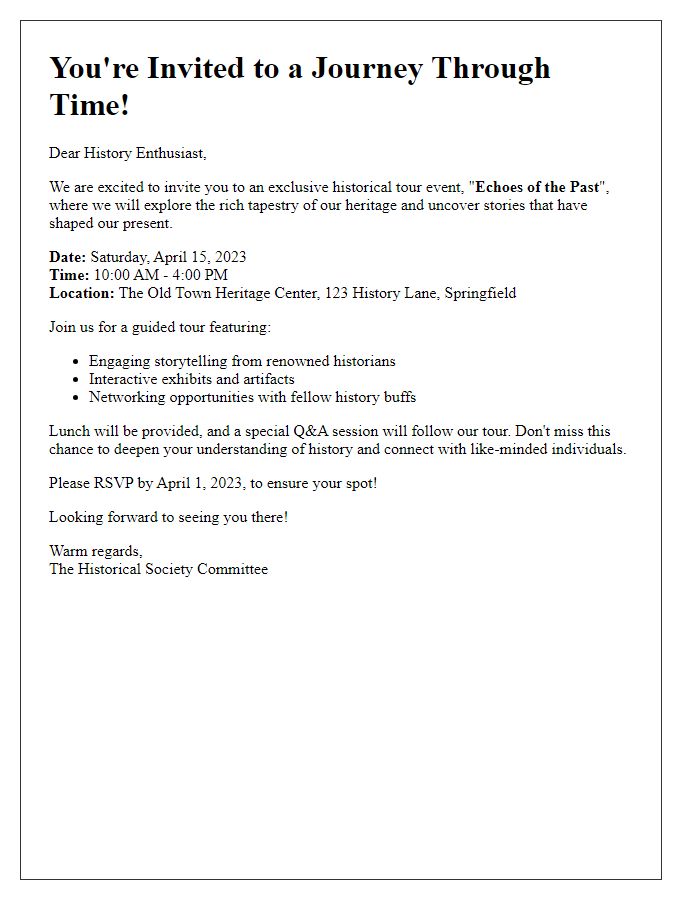 Letter template of historical tour event invitation for history enthusiasts.