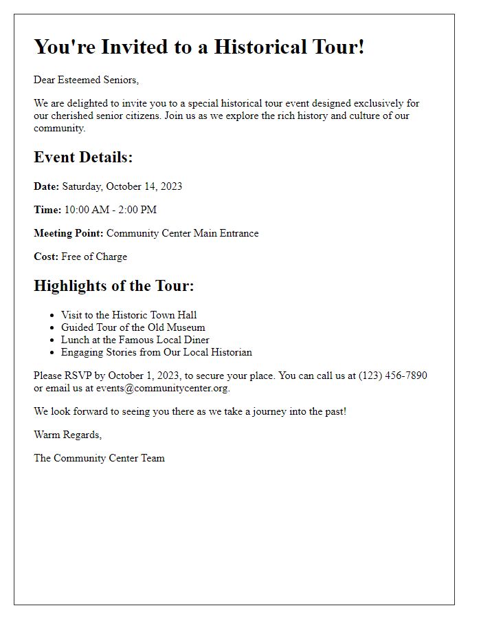 Letter template of historical tour event invitation for senior citizens.