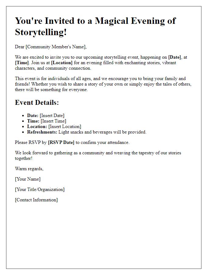 Letter template of storytelling event invitation for community gatherings.