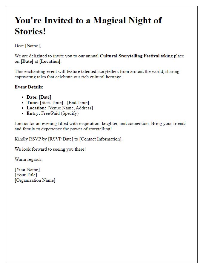 Letter template of storytelling event invitation for cultural festivals.