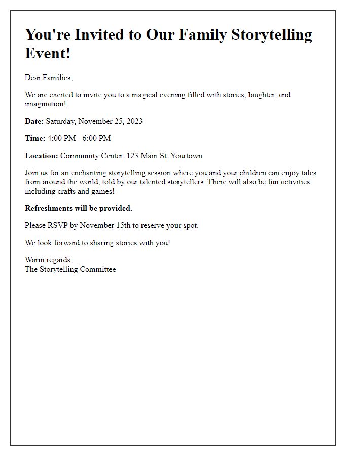 Letter template of storytelling event invitation for families.