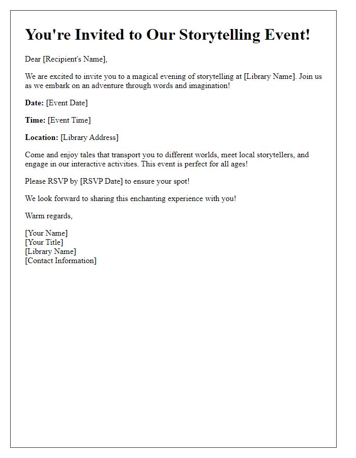 Letter template of storytelling event invitation for libraries.