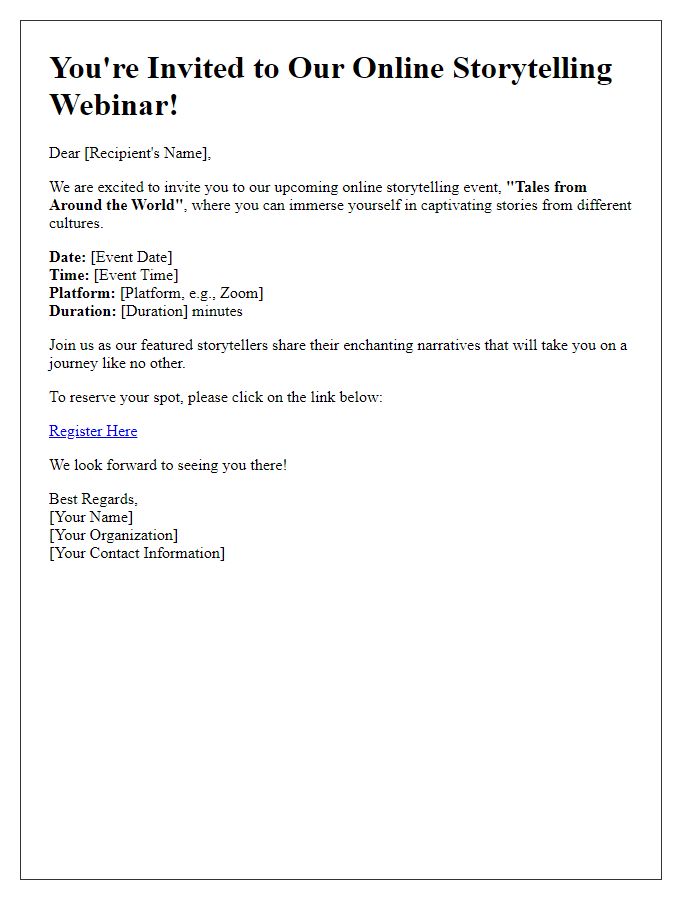 Letter template of storytelling event invitation for online webinars.