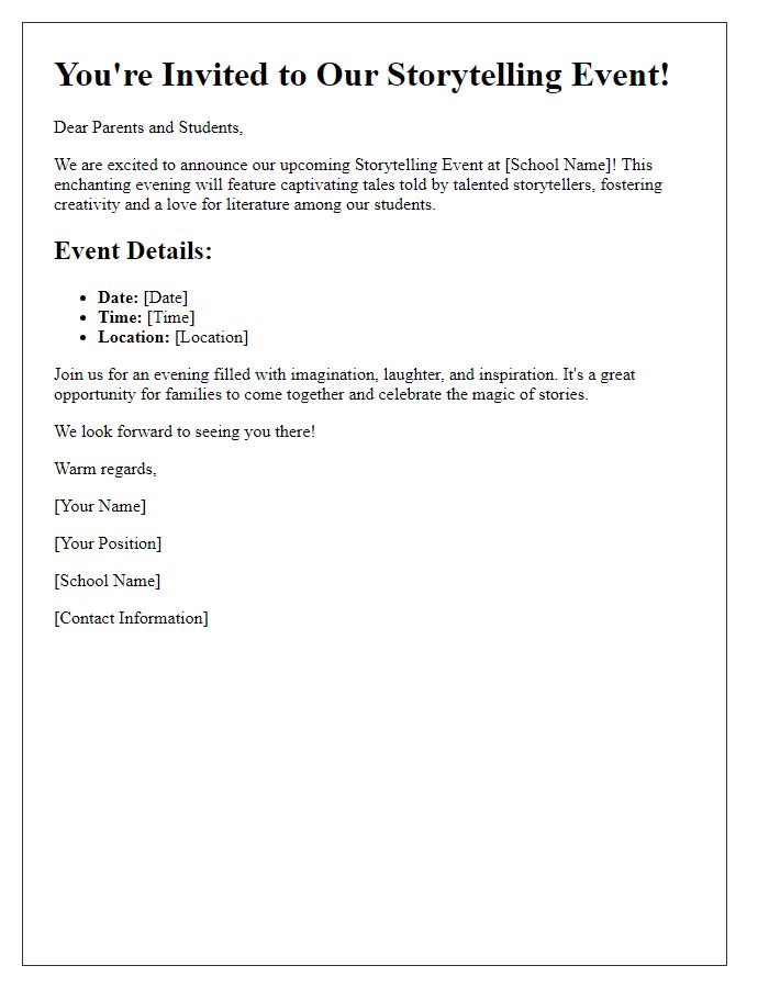 Letter template of storytelling event invitation for schools.