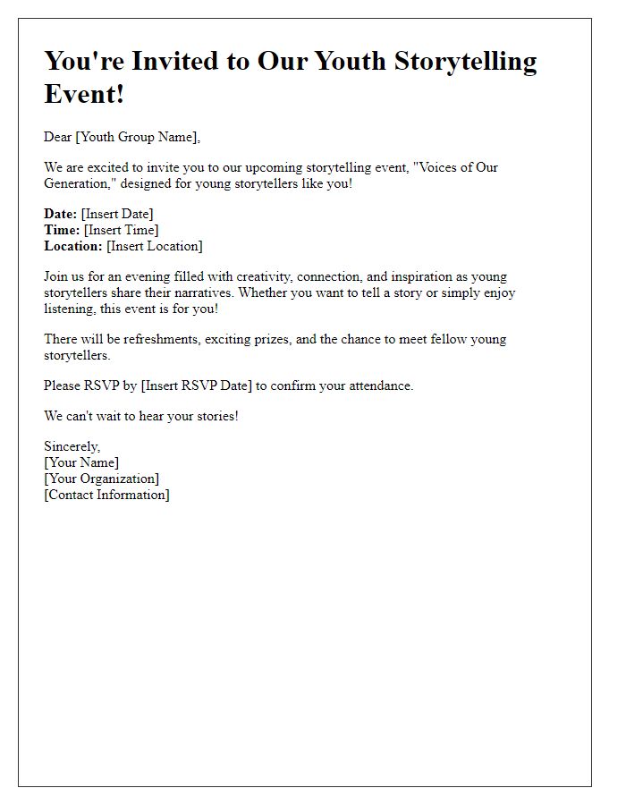 Letter template of storytelling event invitation for youth groups.