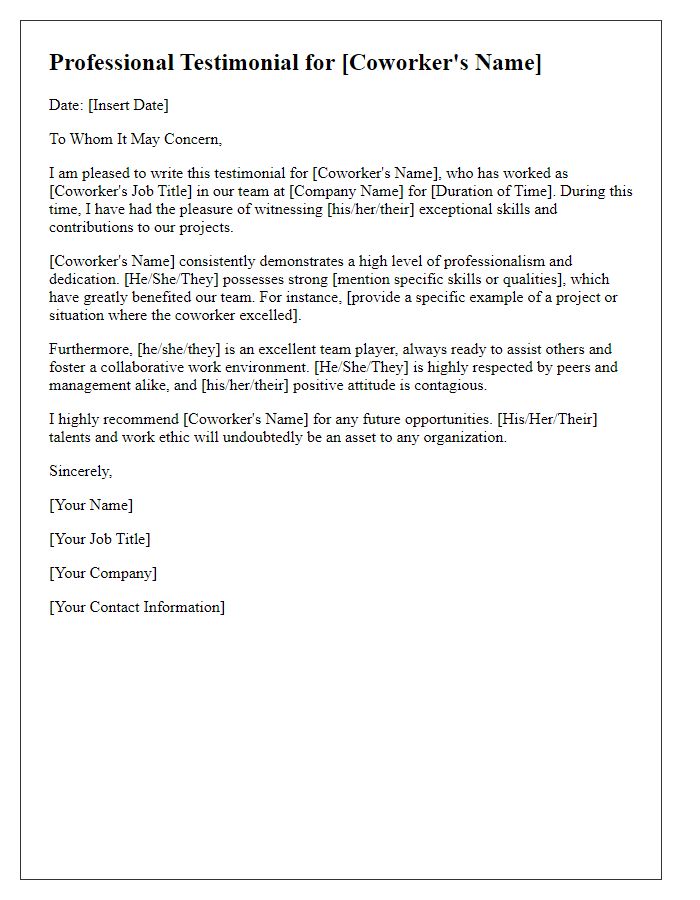 Letter template of a professional testimonial for a coworker