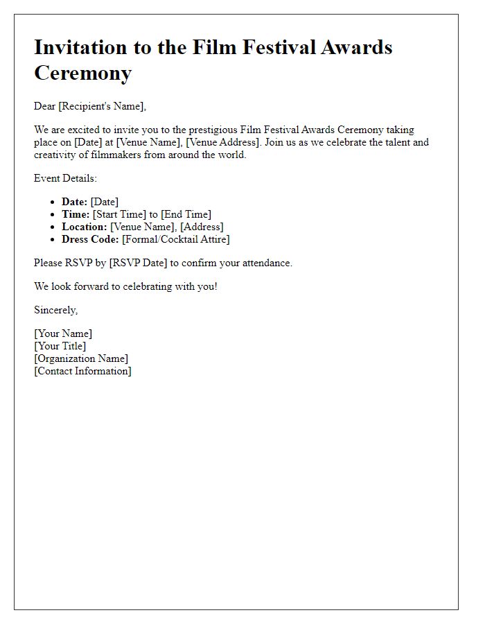 Letter template of invitation to film festival awards ceremony.