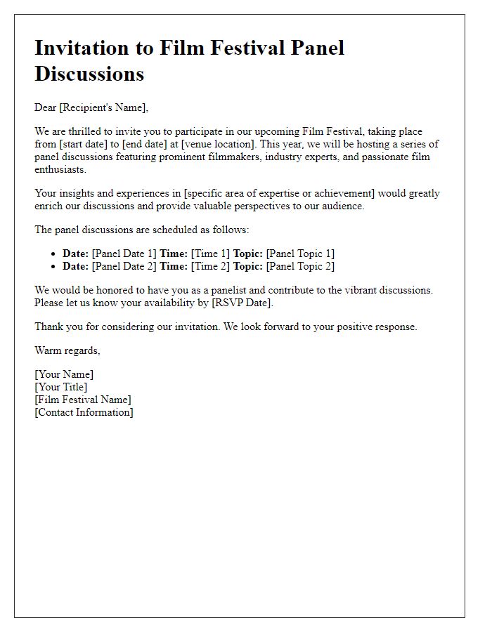 Letter template of invitation to film festival panel discussions.