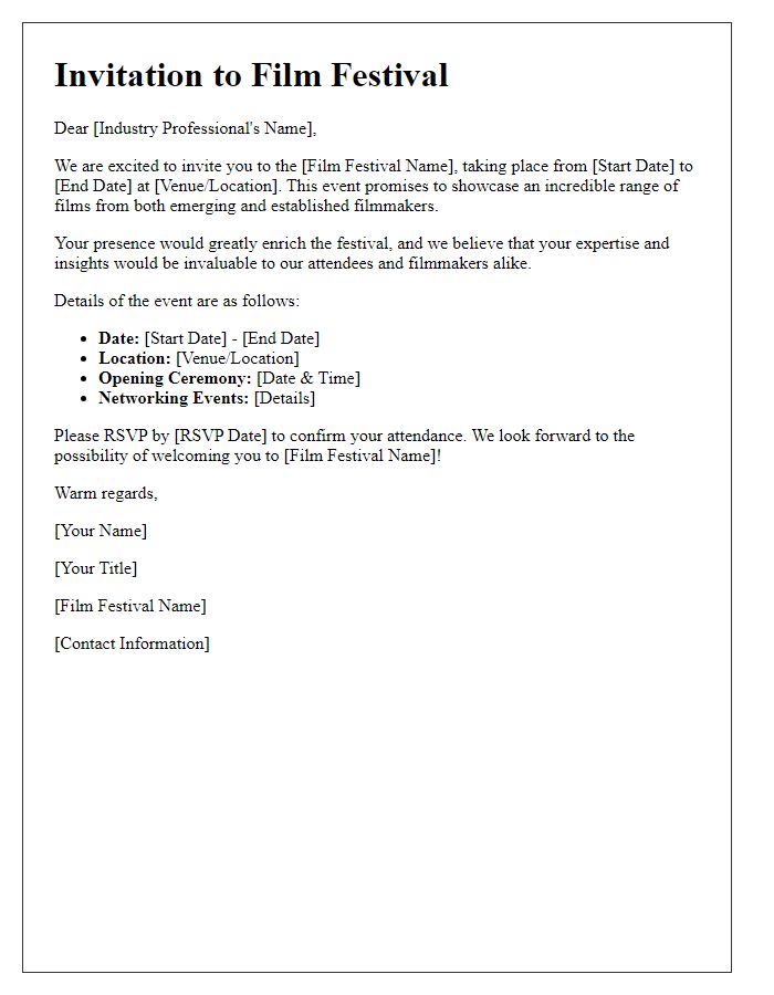 Letter template of invitation for industry professionals to attend the film festival.