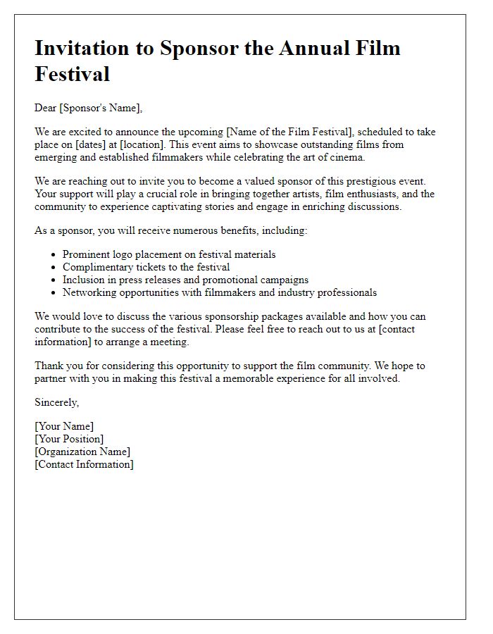 Letter template of invitation for sponsors to support the film festival.