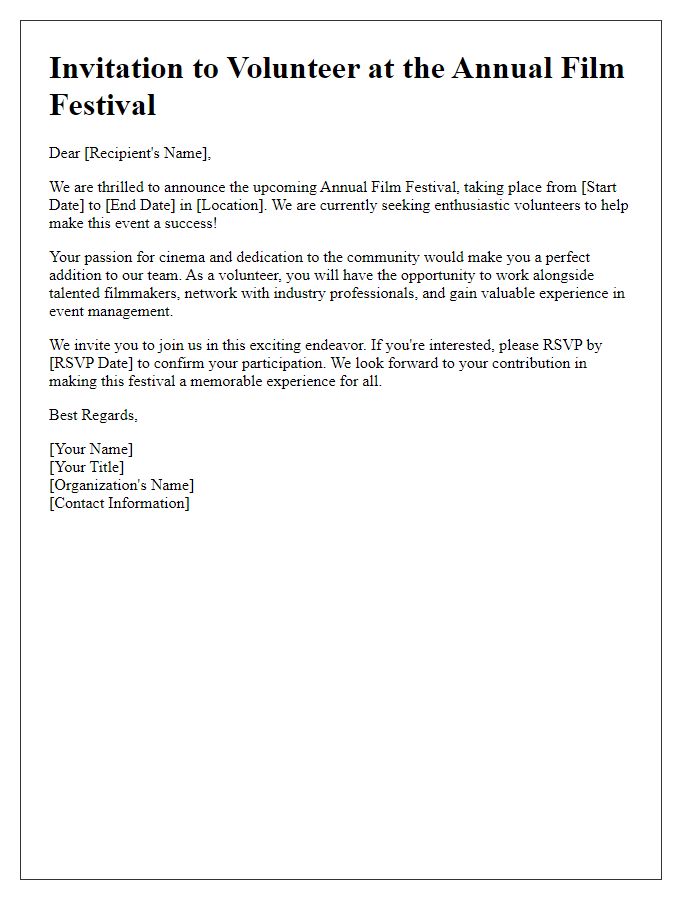 Letter template of invitation for volunteers to participate in the film festival.