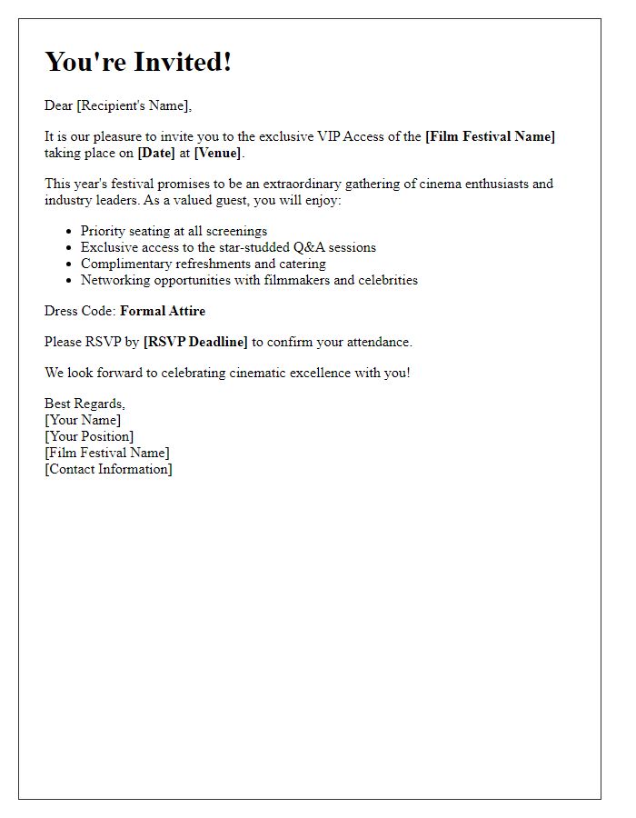 Letter template of VIP access invitation for the film festival.