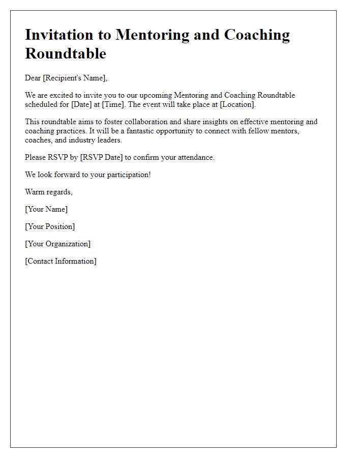 Letter template of invite for mentoring and coaching roundtable.