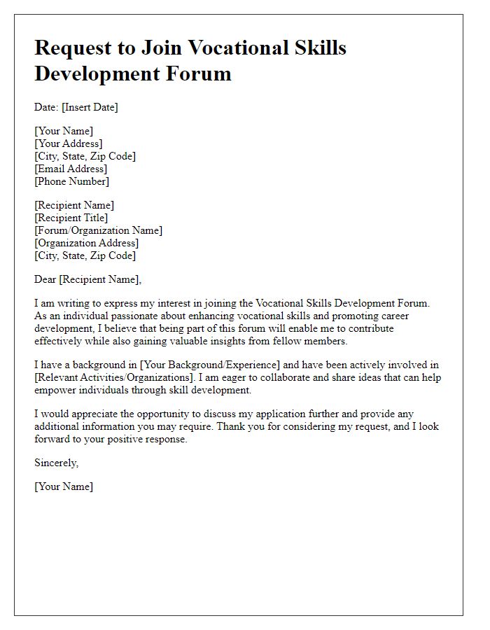 Letter template of request to join vocational skills development forum.