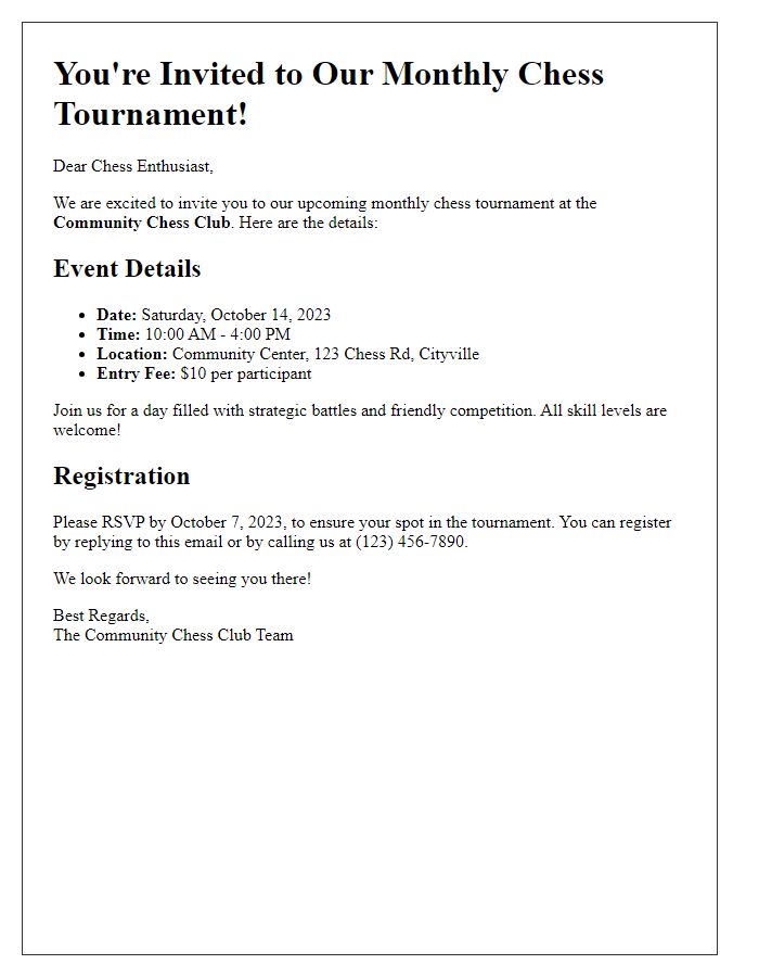 Letter template of chess club monthly tournament invite