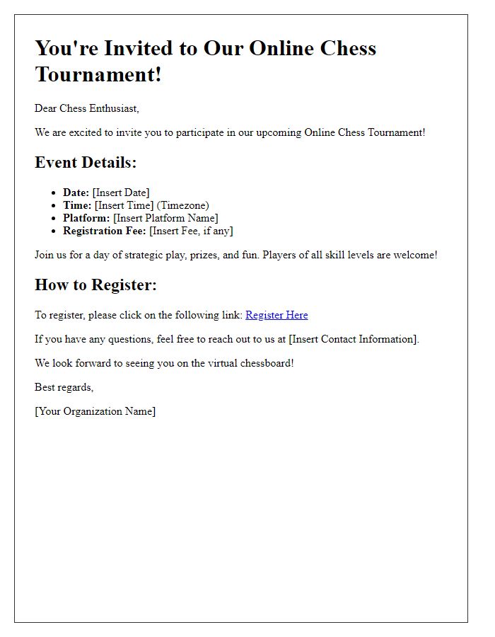 Letter template of online chess tournament invitation