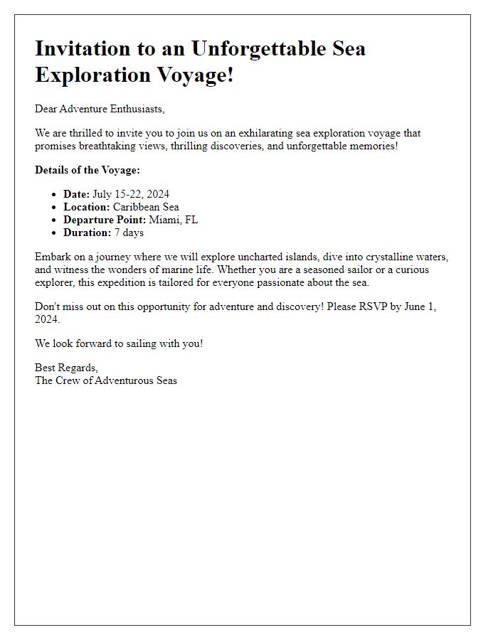 Letter template of sea exploration voyage invitation for adventure enthusiasts.