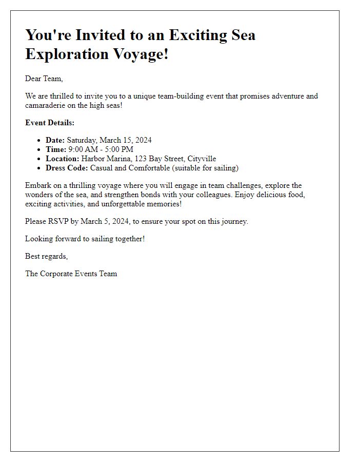 Letter template of sea exploration voyage invitation for corporate team-building events.