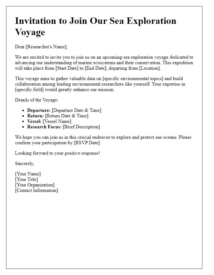 Letter template of sea exploration voyage invitation for environmental researchers.