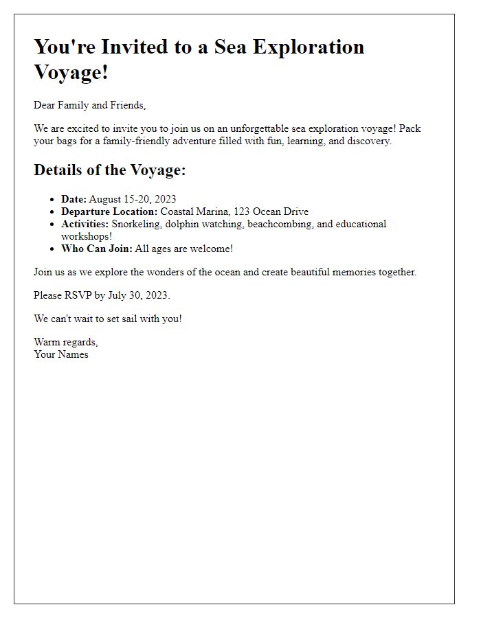 Letter template of sea exploration voyage invitation for family-friendly experiences.