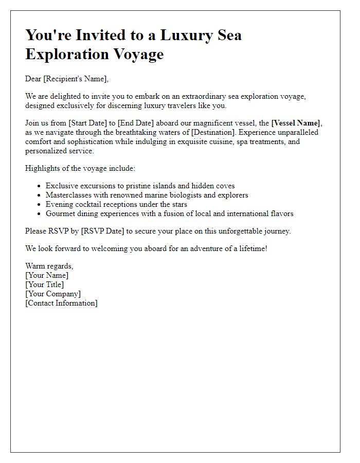 Letter template of sea exploration voyage invitation for luxury travel seekers.