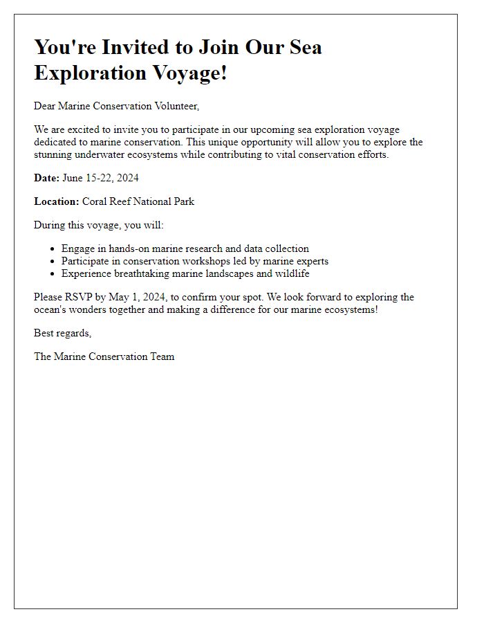 Letter template of sea exploration voyage invitation for marine conservation volunteers.