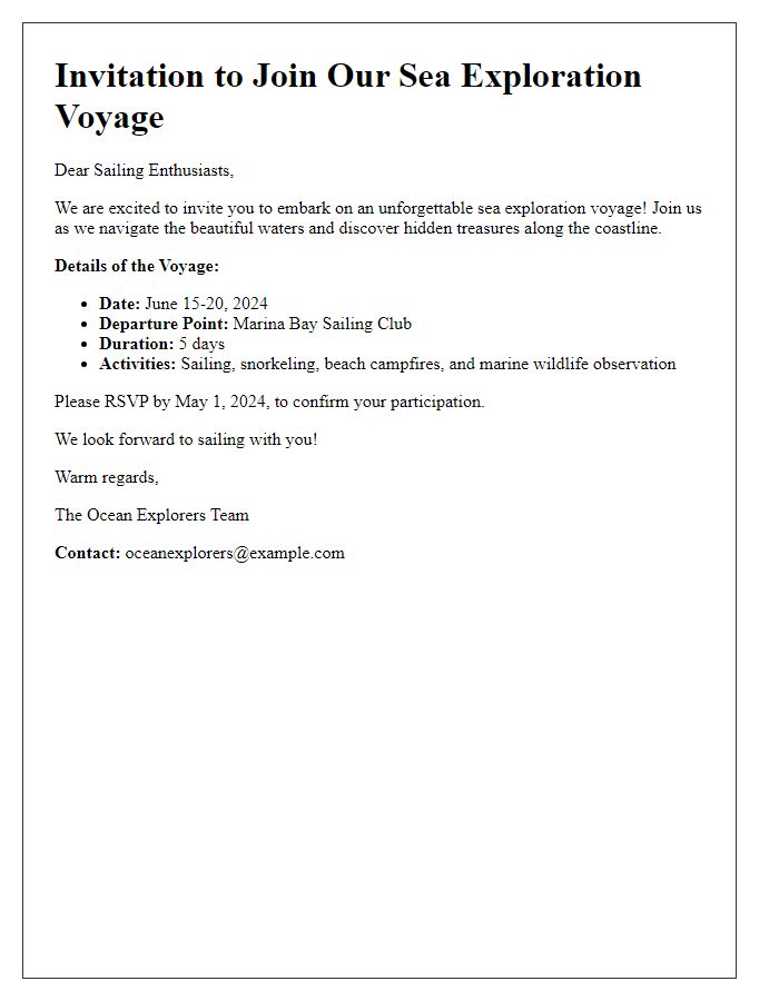 Letter template of sea exploration voyage invitation for sailing clubs and groups.