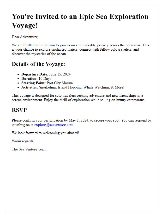 Letter template of sea exploration voyage invitation for solo travelers.