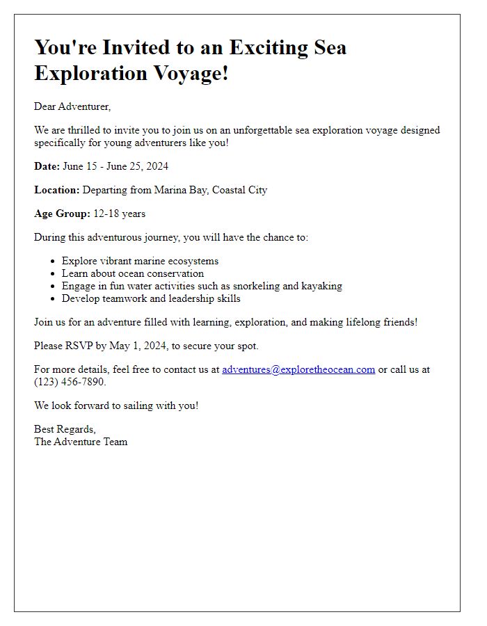 Letter template of sea exploration voyage invitation for youth adventure programs.