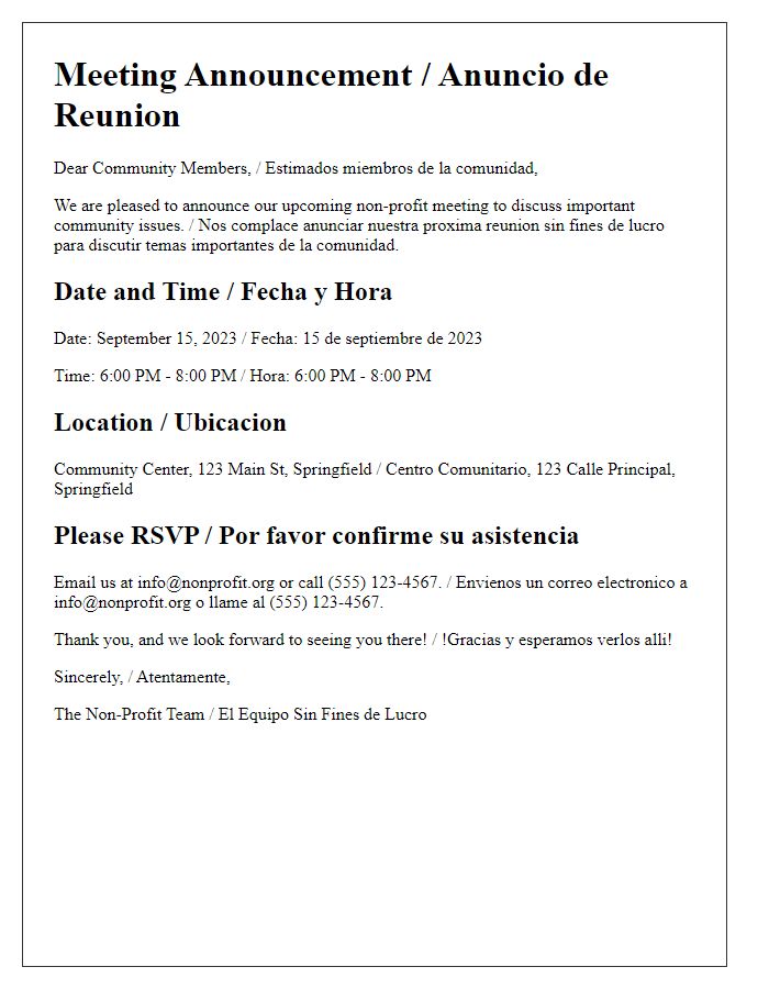 Letter template of bilingual meeting announcement for non-profit events.