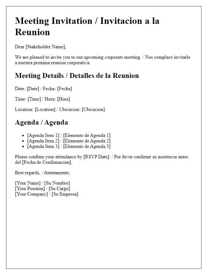 Letter template of bilingual meeting invitation for corporate stakeholders.