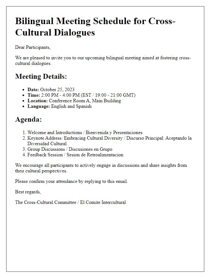 Letter template of bilingual meeting schedule for cross-cultural dialogues.