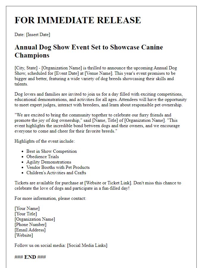 Letter template of press release for dog show event