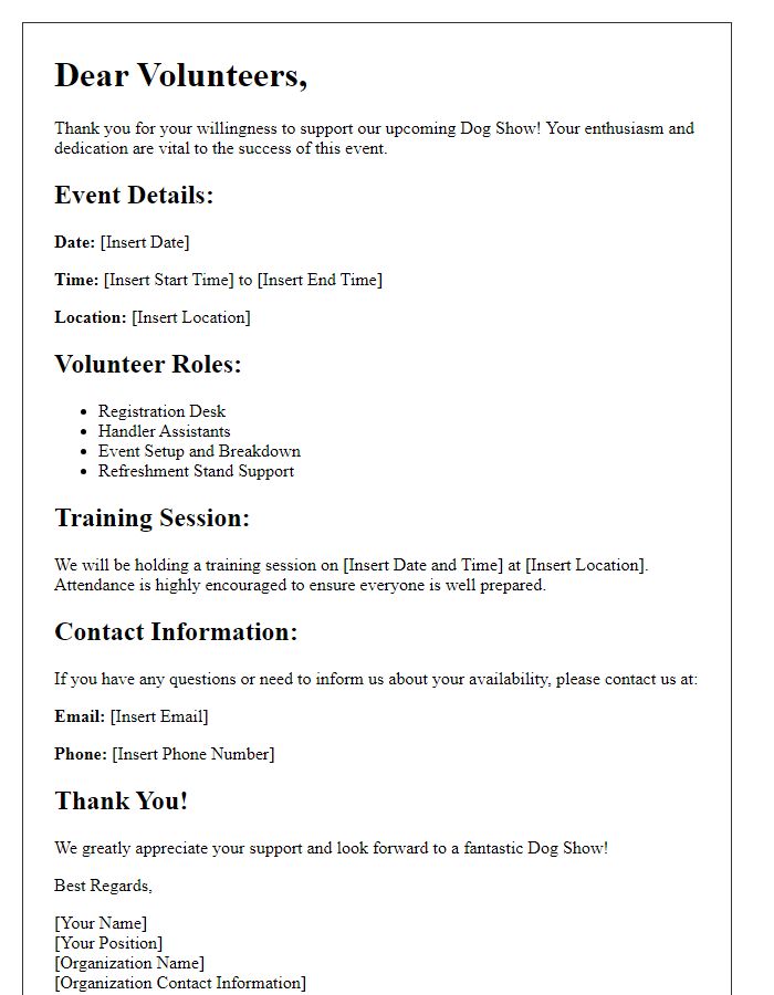 Letter template of volunteer coordination for dog show