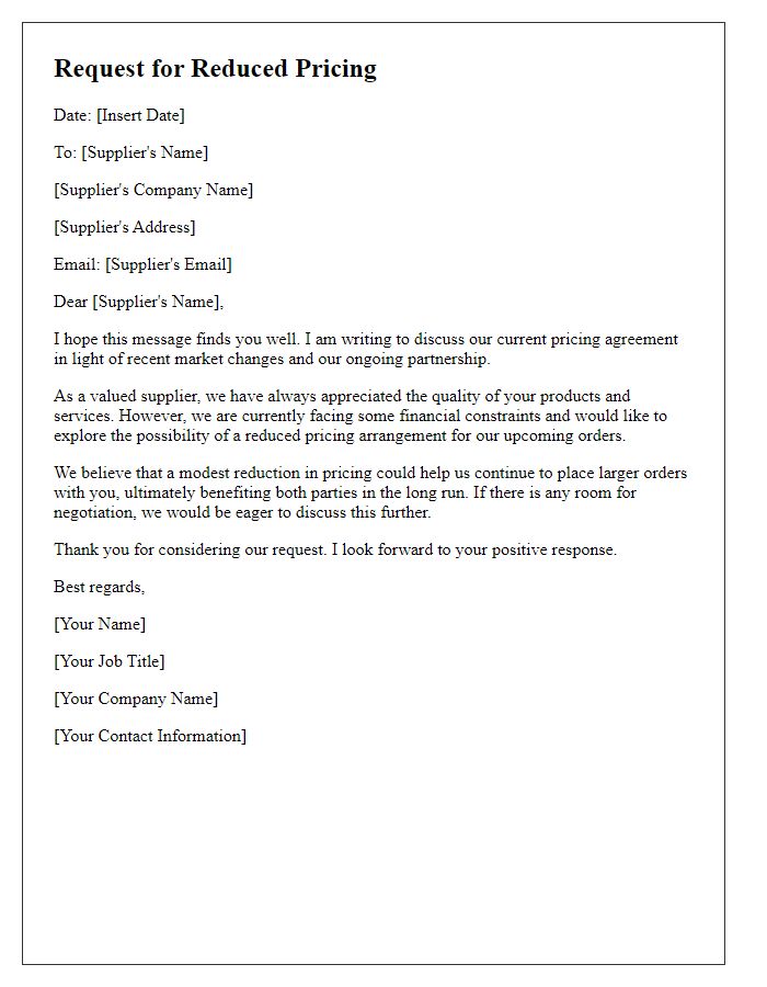 Letter template of request for reduced pricing from supplier