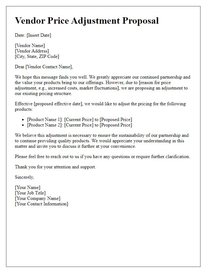 Letter template of vendor price adjustment proposal