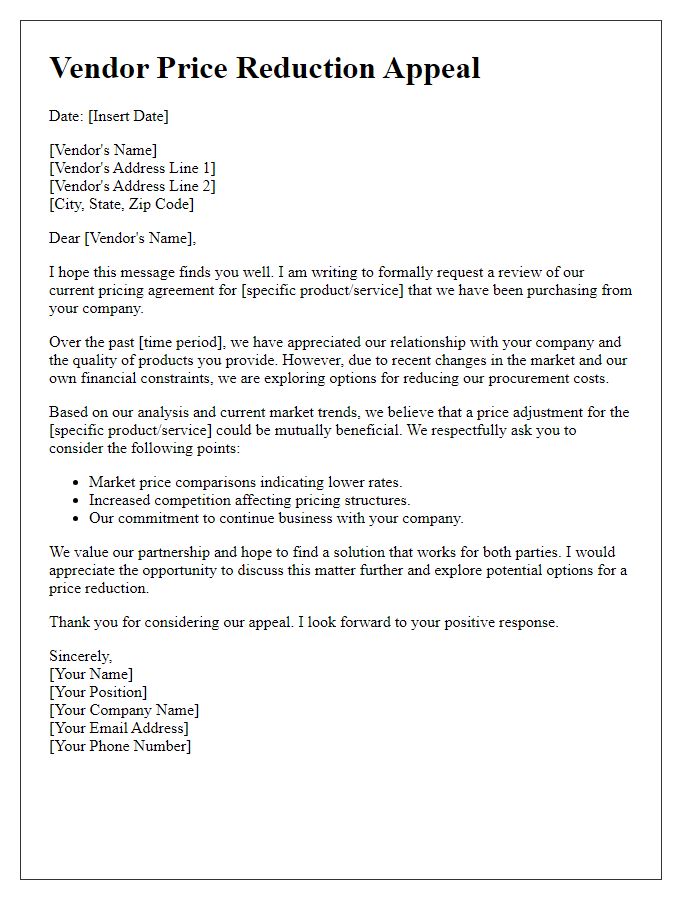 Letter template of vendor price reduction appeal